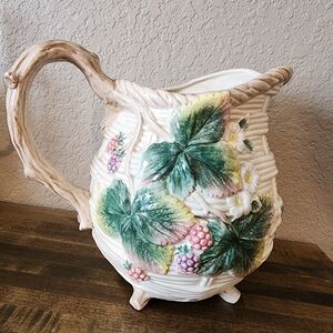 Fitz and Floyd Majolica Berry Pitcher - Signed FF 1990 - Basket Weave Pitcher